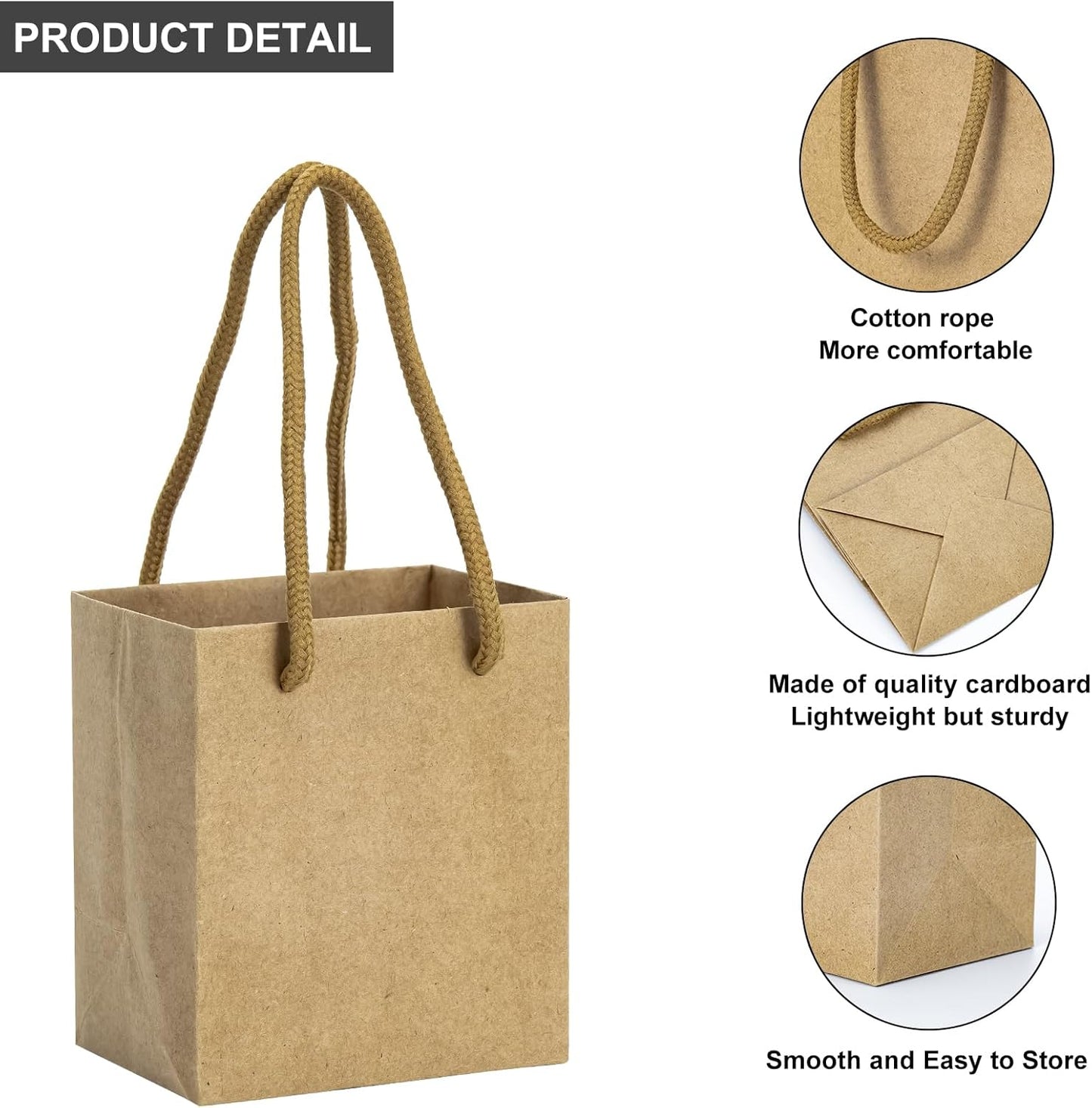 driew Small Brown Gift Bags 50 Pcs, 4" x 2.8" x 4.5" Min Thick Kraft Paper Bags Bulk with Brown Handles Set for Wedding Party Birthday Gathering Baby Shower