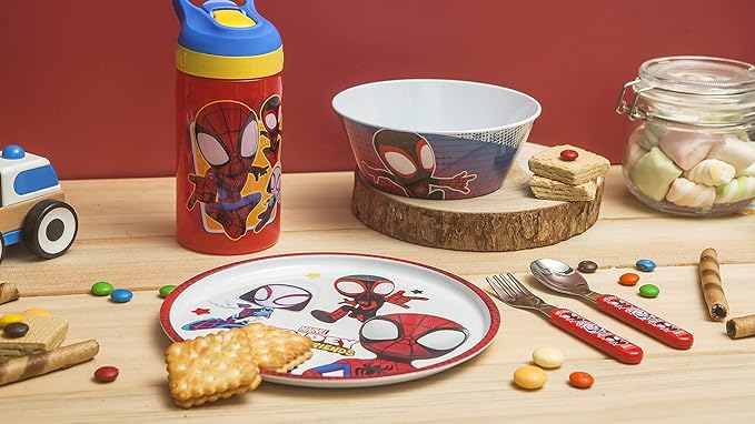 Zak Designs 5-Piece Dinnerware Set, Marvel Spidey and His Amazing Friends - Durable Plastic & Stainless Steel - Includes Water Bottle, Plate, Bowl, Fork & Spoon - Suitable for Kids Ages 3+