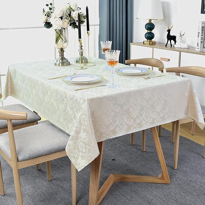 SASTYBALE Rectangle Tablecloth - 52 x 52 Inch Beige Cream Damask Table Cloth Jacquard Design Spill Proof Wrinkle Resistant Waterproof Soft Polyester Oblong Table Cover for Kitchen Parties(Ivory)