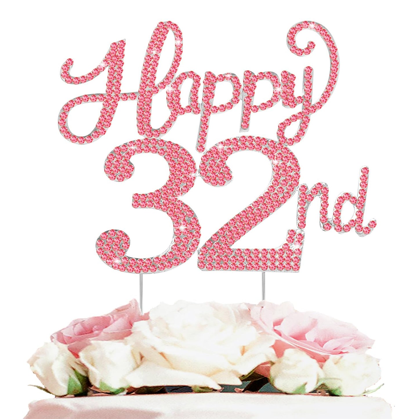 Happy 32nd Birthday Decorations,32nd Birthday Silver & Red Rhinestone Cake Topper - Cheers to 32 Years Old Bday Party Metal Sparkly Cake Centerpieces Sign.