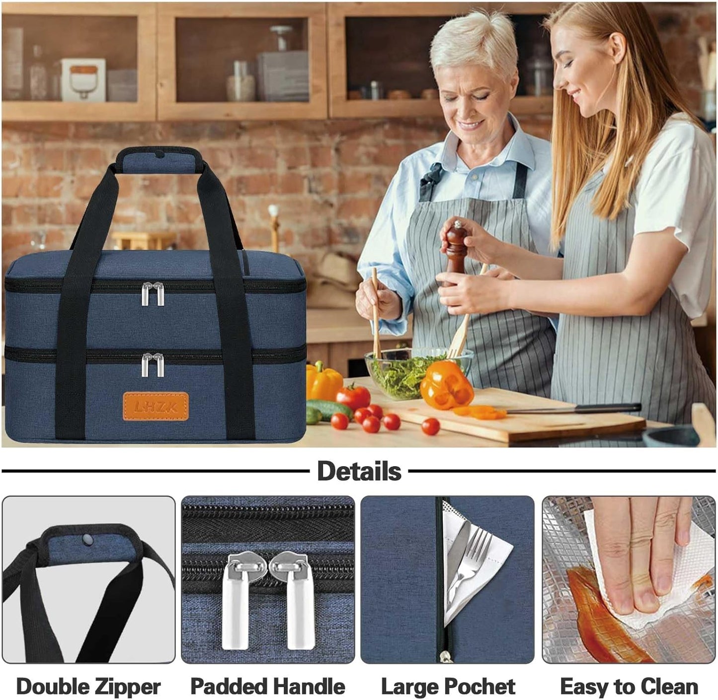 LHZK Double Insulated Casserole Carrier for Hot or Cold Food, Lasagna Holder Tote for Potluck Parties, Beach, Picnic, Travel, Fits 11x15 or 9x13 Dish (Blue)