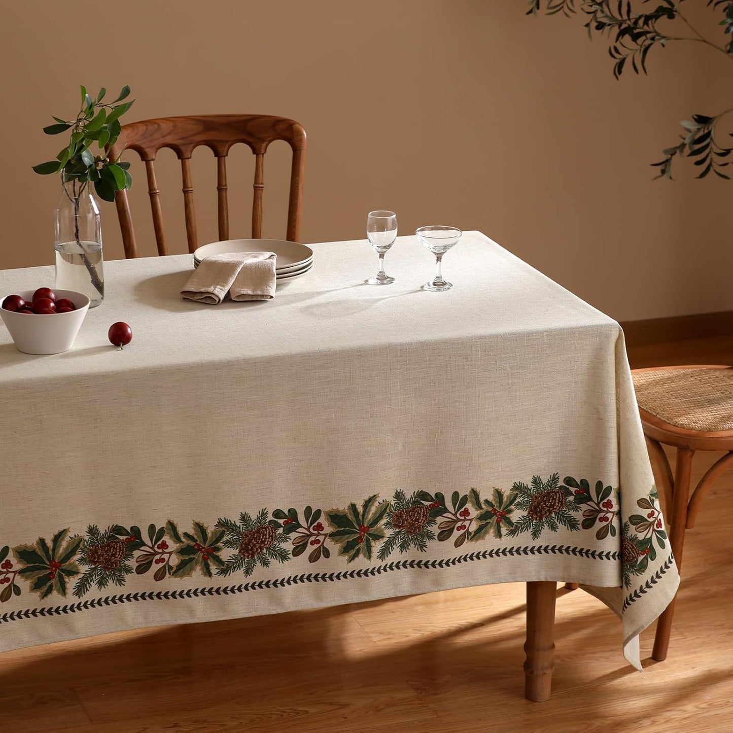 ISAENNE Designer Christmas Linen Rectangular Tablecloth,Light Beige Western Elegant Table Cloth,Wrinkle Resistant Decor Tablecloths for Dining Thanksgiving Kitchen Christmas,55"*87"-Carol G