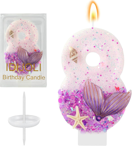 Purple Number 8 Candles Mermaid Birthday Candle 8th Birthday Cake Topper Cupcake Decorations for Girls and Women Party Decor Anniversary Celebrations Supplies Favors
