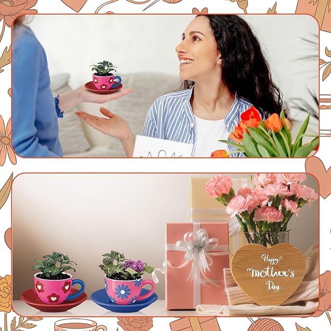 6 Sets Mother's Day Ceramics Teacup Craft Kit with Saucer Color Your Own Cup Flower Planter for Tea Party Crafts Pottery Painting Kit Art Indoor Gardens Family Activity Holiday Decors