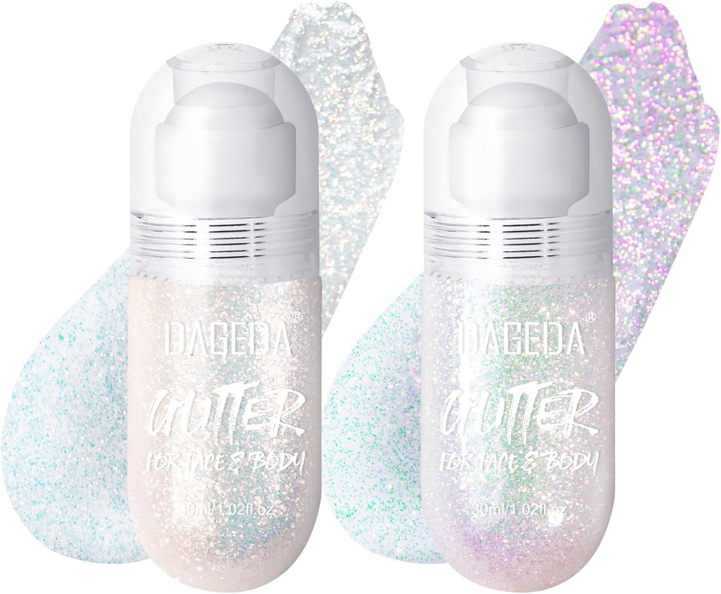 DAGEDA 2Colors Roll-on Body Glitter Gel for Body, Hair, Face, Holographic Glitter Makeup for Rave Accessories, Body Shimmer Hair Glitter Gel for Halloween Makeup(Galaxy Blue+Sparkling Pink)