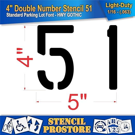 Pavement, Curb, and WheelStop Stencils - 4 inch Double Number Stencil - (51) - 4" x 4" x 1/16" (63 mil) - Light-Duty