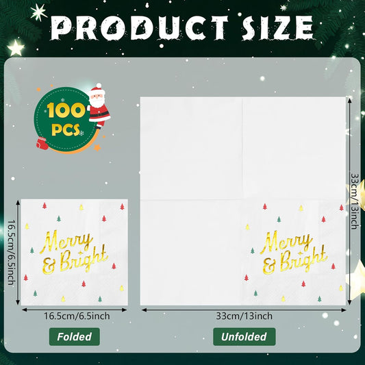 100 Pcs Christmas Tree Paper Napkins Disposable, Merry Bright Red Green Gold Foil Cocktail Napkins, Xmas Holiday Square Party Guest Dinner Napkin for Christmas Winter Party Supplies, 6.5x6.5 Inch