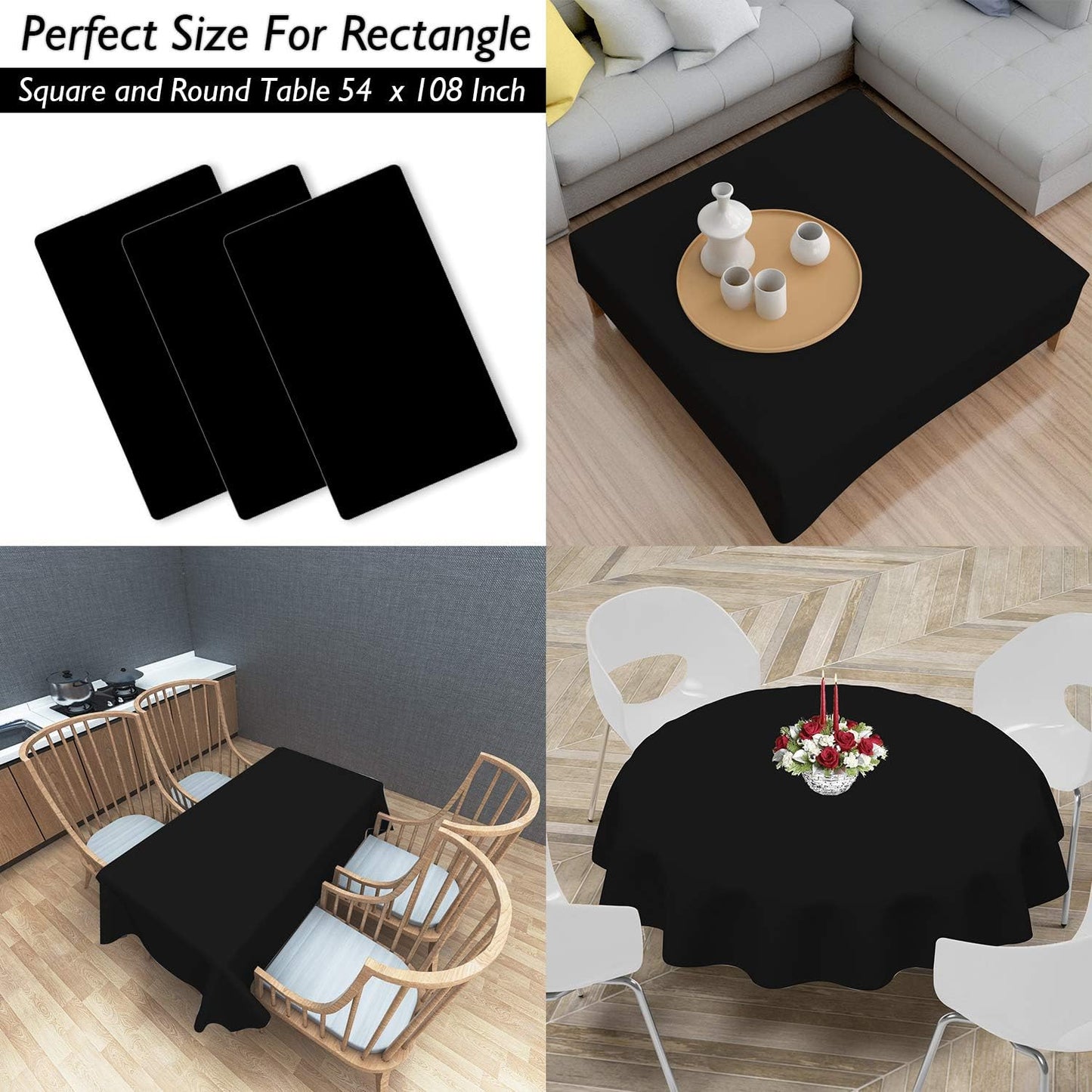 Childom 3 Pack Plastic Tablecloths for Rectangle Tables 54" x 108" Black Disposable Table Cloths for 6 to 8 Foot Tables Indoor or Outdoor Parties Birthday Wedding Christmas Anniversary Buffet Table