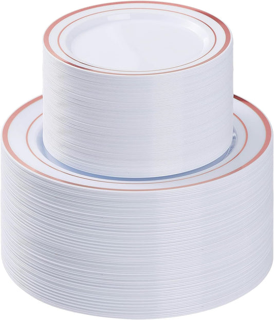 BESTVIP 200PCS Rose Gold Plastic Plate, Disposable Party Plates with 100 Dinner Plates and 100 Dessert Plates, Plastic Plates for Party, Wedding and Birthday