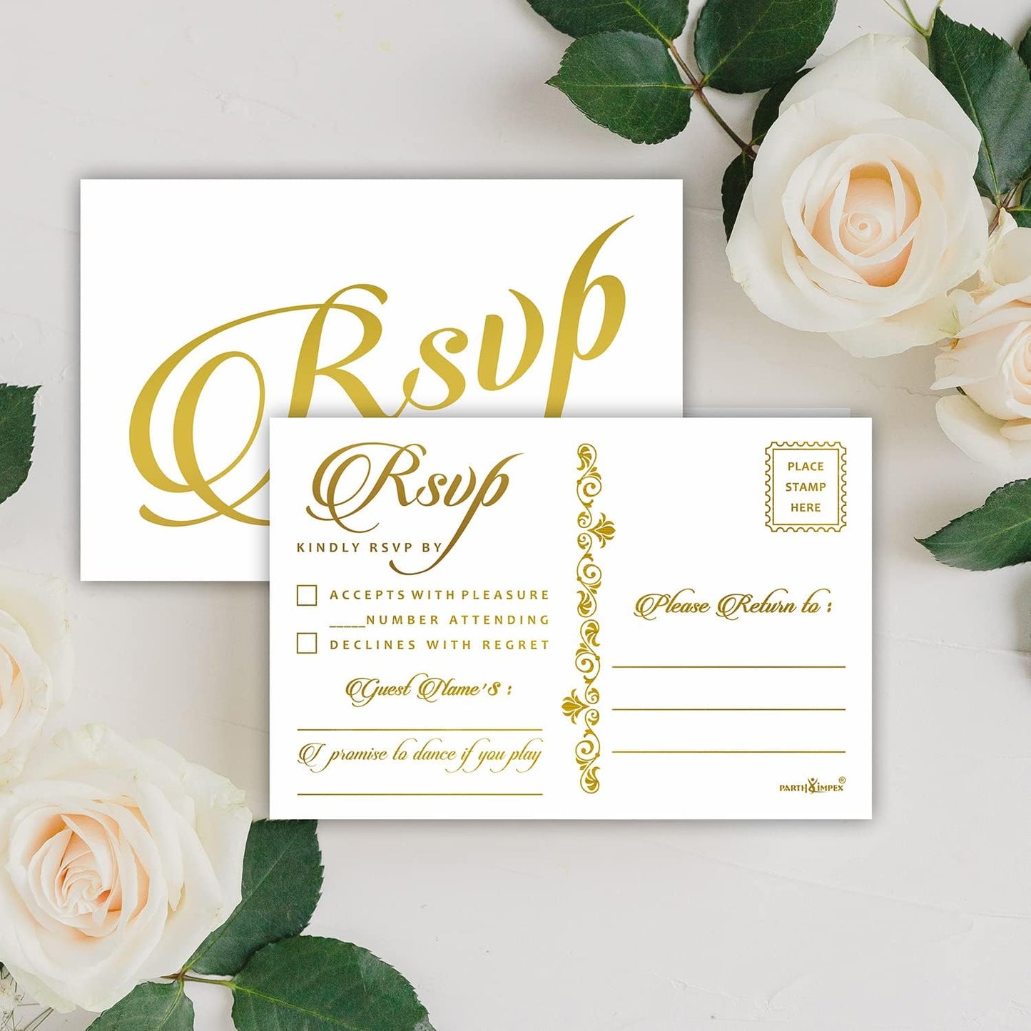 PARTH iMPEX RSVP Postcards for Wedding - Pack of 50 Gold Foil 4x6 Response Cards with Mailing Side White Mailable Invitations for Bridal Shower Reception Engagement Party Anniversary Event Stationery
