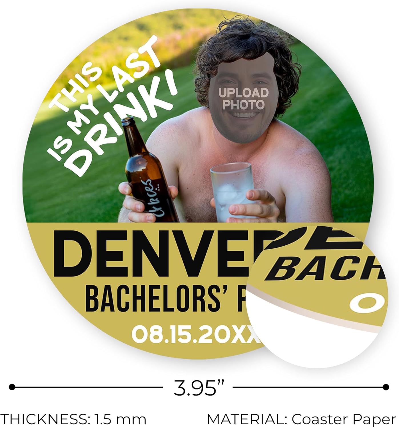 60 Pack Personalized Bachelor Party Coasters, Custom Cardboard Drink Coasters with Photo Print and Text, Fun Bachelor Party Favors and Gifts, 3.95" Round, Design 5