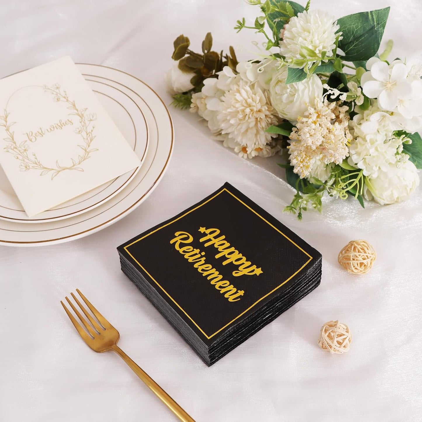 Vuzvuv 50 Pack Happy Retirement Cocktail Napkins - Disposable Paper Hand Napkins for Retirement Parties Farewell Gatherings Office Send-Off Party Decorations Table Decor (5" Folded 2 Ply - Black)