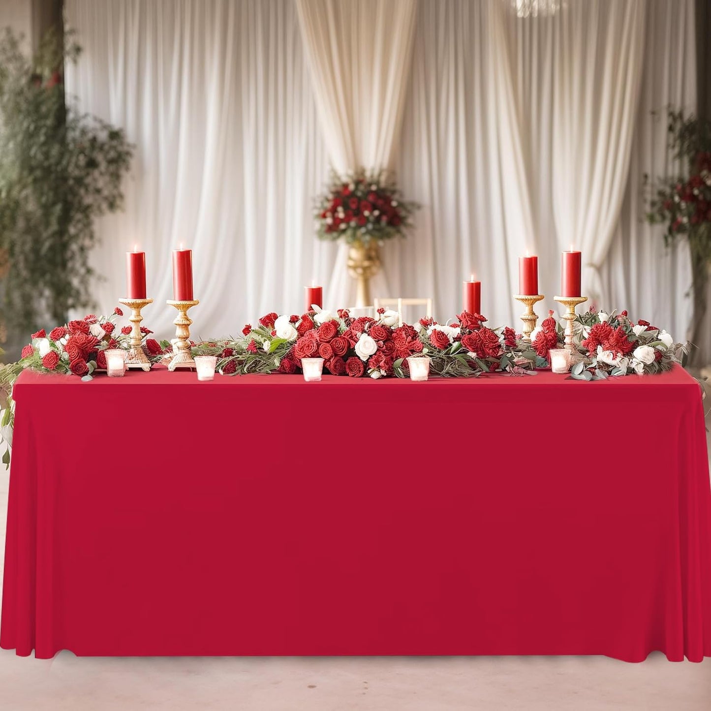 HAORUI Open Back Table Skirts, 4Pack Rectangle Wrinkle Resistant Table Clothes, Ruffles Elastic Table Cover for Banquets, Weddings, Parties (6ft Red)