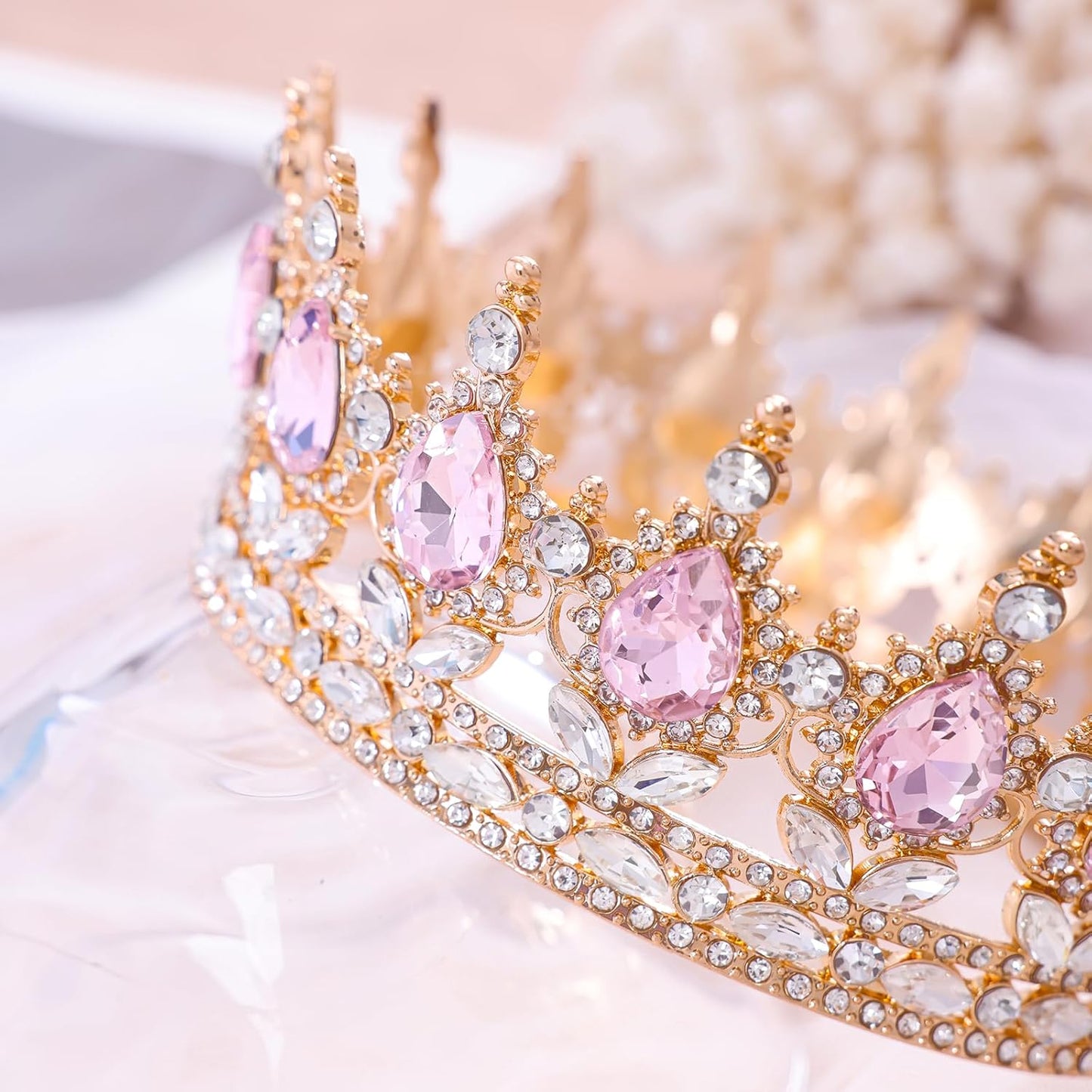 Pink Queen Crown for Women Crystal Tiara for Girl Rhinestone Wedding Headband for Bride Hair Accessories for Costume Birthday Party Prom Gifts