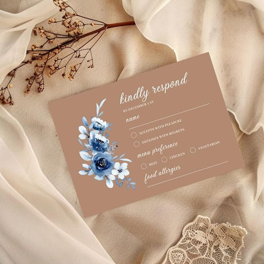 crafty-bell Glossy Finish Personalized Wedding RSVP Response Cards with White Envelopes, Blue Floral Design, 15 Count Respond Cards in Glossy Finish (Brown)