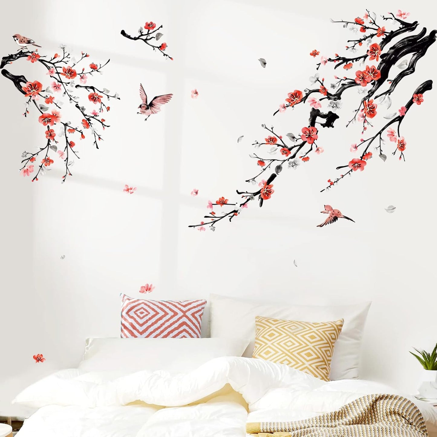 wondever Watercolor Flower Tree Branch Wall Stickers Blossom Red Floral Birds Peel and Stick Wall Art Decals for Living Room Bedroom