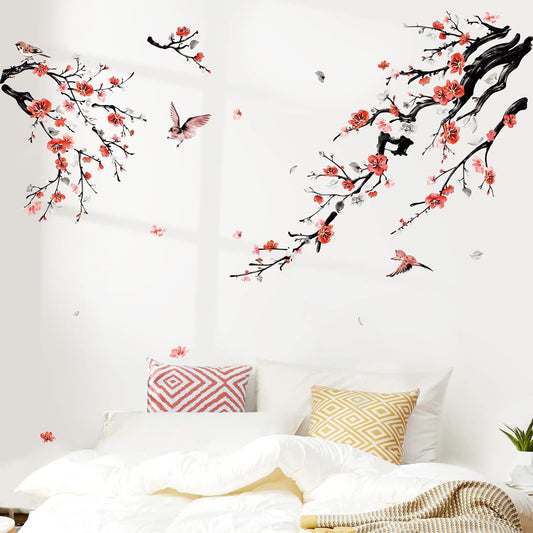 wondever Watercolor Flower Tree Branch Wall Stickers Blossom Red Floral Birds Peel and Stick Wall Art Decals for Living Room Bedroom