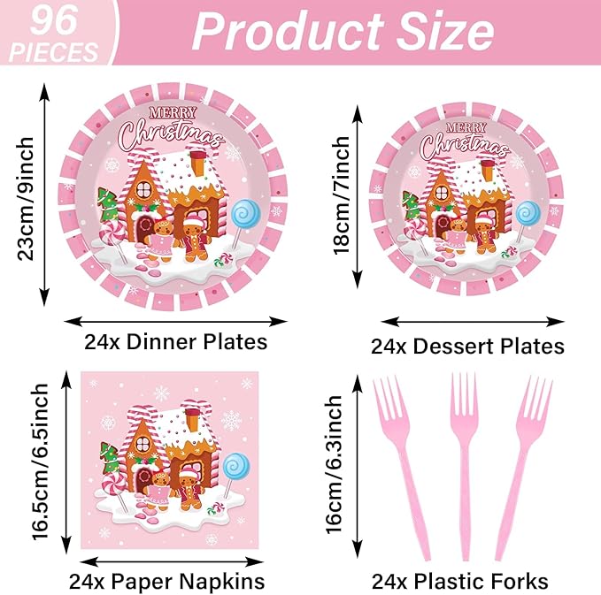 OBUSATT 96Pcs Christmas Gingerbread Paper Plates and Napkin Christmas Party Supplies Pink Gingerbread House Tableware Dinnerware Set for Xmas Winter Holiday Seasonal Table Party Decoration Serve 24