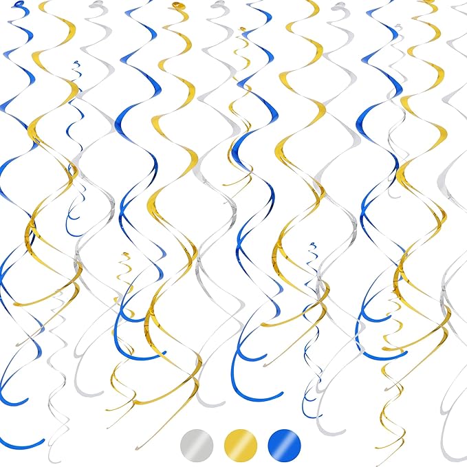 BEISHIDA Blue Gold Silver Foil Swirl Hanging Decorations Plastic Streamer for Ceiling Birthday Baby Shower Retirement Graduation Party Decorations, Pack of 30