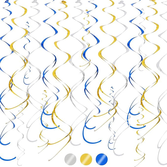 BEISHIDA Blue Gold Silver Foil Swirl Hanging Decorations Plastic Streamer for Ceiling Birthday Baby Shower Retirement Graduation Party Decorations, Pack of 30
