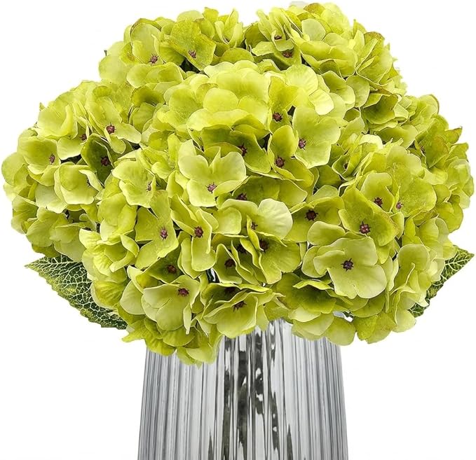 2Bouquets Artificial Fake Flowers Plants Silk Hydrangea Arrangements Wedding Bouquets Decorations Plastic Floral Home Kitchen Garden Party Festival Bar DIY(Chartreuse,5 Flower Heads)