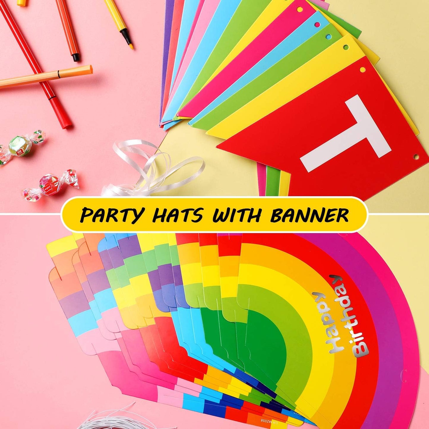 Boao 20 Pcs Rainbow Birthday Party Hats with Happy Birthday Banner Colorful Cone Hats for Adults Kids Toddlers Bulk Party Decorations Supplies