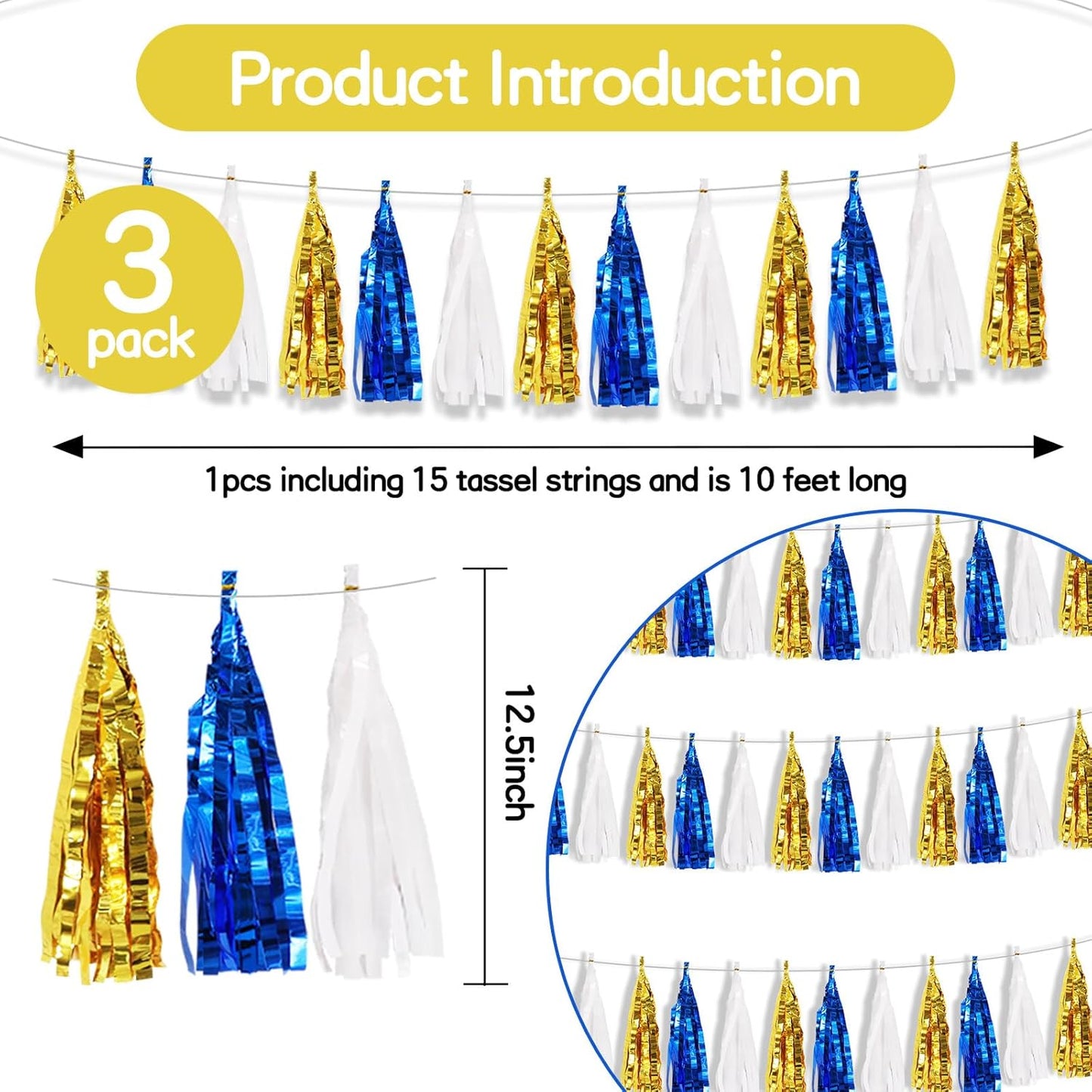 BEISHIDA 3 Packs Blue Gold White Metallic Foil Fringe Tassel Garland, Tassels Banner Streamers for Car Floats Bridal/Baby Shower Birthday Wedding Halloween Christmas Holiday Party Decoration