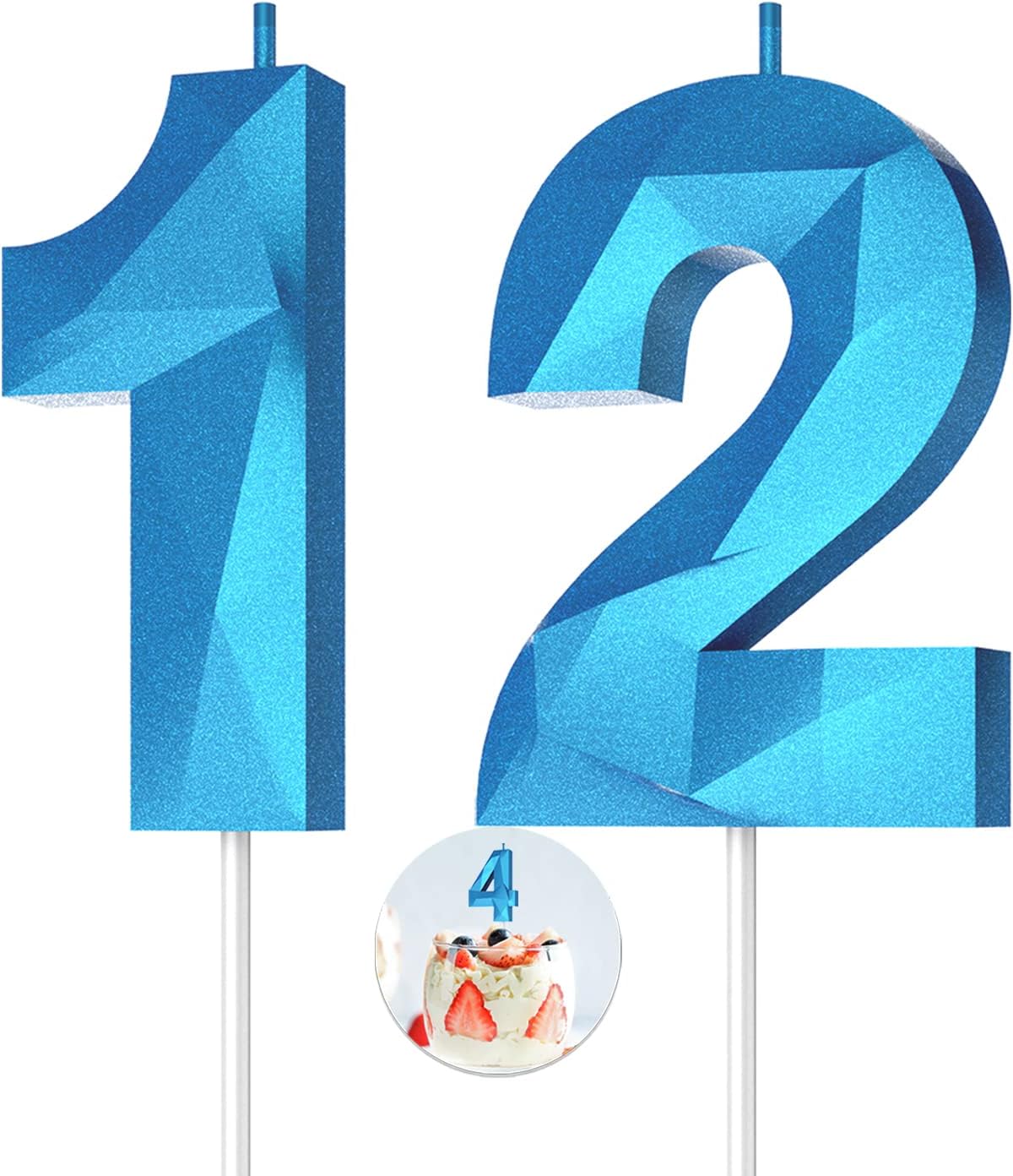 Number Birthday Candles(12 Candle Blue) 3D Diamond Shape Number Happy Birthday Cake Candles for Birthday Party Wedding Decoration Reunions Theme Party