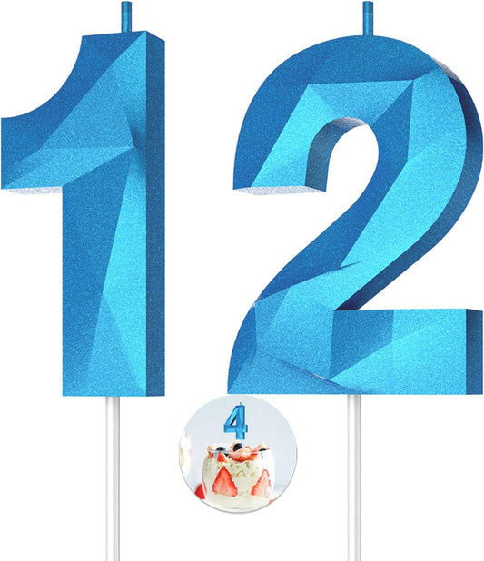 Number Birthday Candles(12 Candle Blue) 3D Diamond Shape Number Happy Birthday Cake Candles for Birthday Party Wedding Decoration Reunions Theme Party