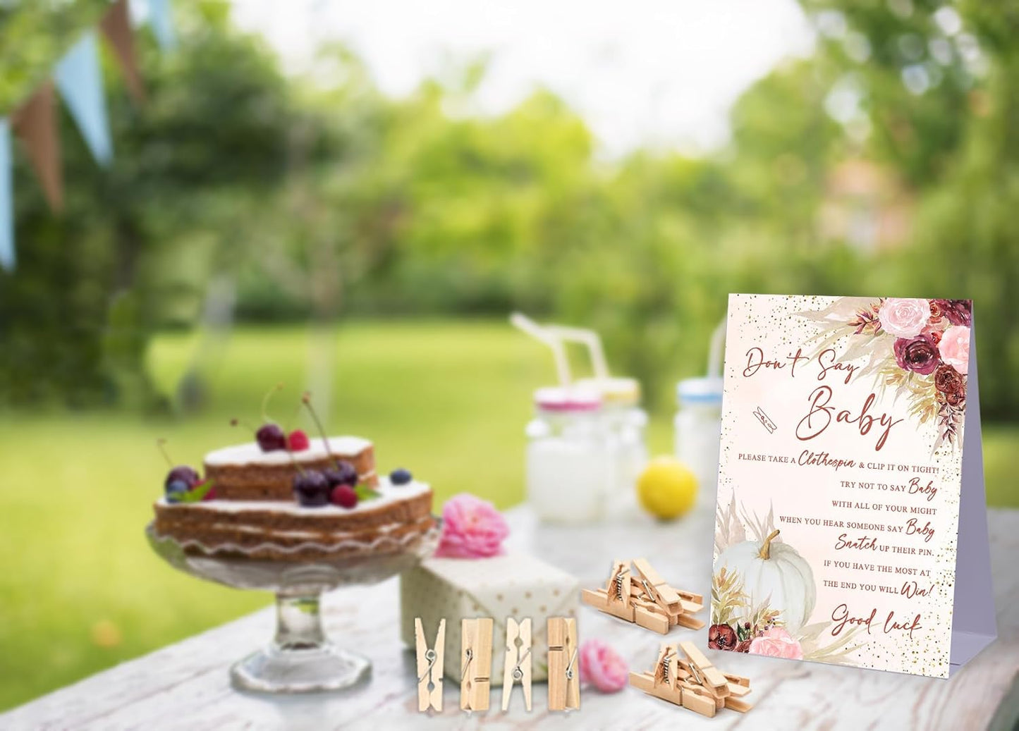 Don't Say Baby Baby Shower Game,Pampas Grass Boho Baby Shower Decorations,Rustic Baby Shower Decorations,Neutral Baby Shower Decorations,Baby Shower Game Ideas,1 Sign & 50 Mini Clothespins Set-B16