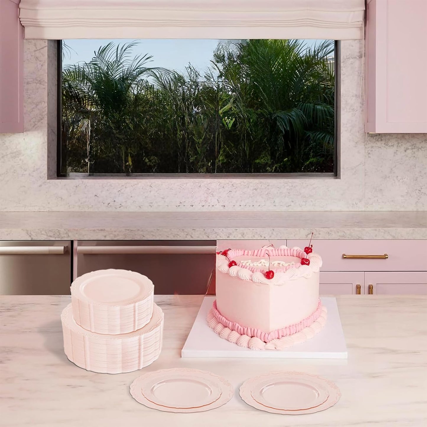 U-QE 100PCS Mauve Pink Plastic Plates - Plastic Party Plates Disposable Heavy Duty - Pink Disposable Plates for Party Including 50PCS 10'' Dinner & 50PCS 7.5'' Dessert