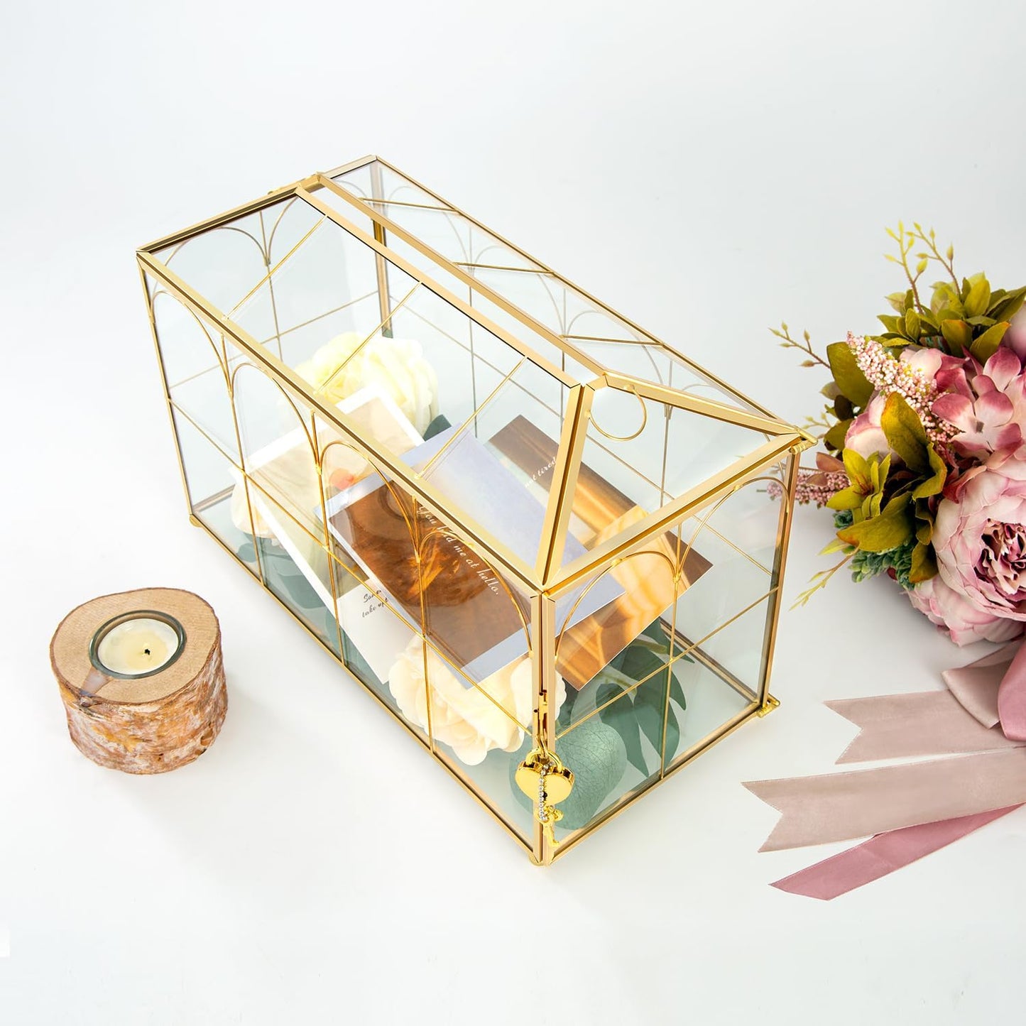 Glass Wedding Card Box with Lock, 12.6x5.9x9 inches Large Gold Card Boxes for Wedding Reception, Graduation, Keepsake Display, Party Centerpiece Gift Box