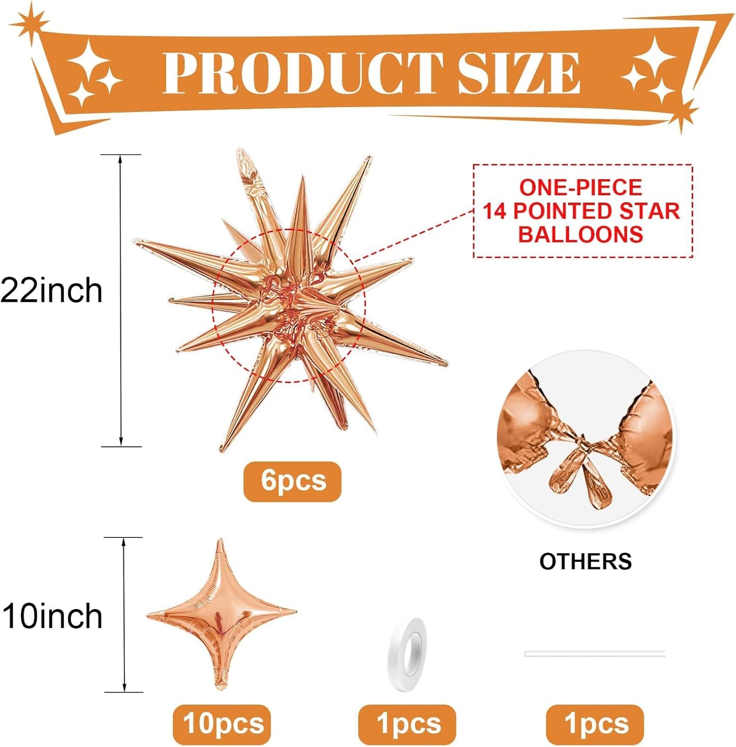 Rose Gold Star Balloons,Explosion Star Balloons Kit with 6Pcs 22Inch Cone Star Foil Balloons and 10Pcs 10Inch Four Pointed Star Balloons for Birthday Anniversary Disco Party Decorations