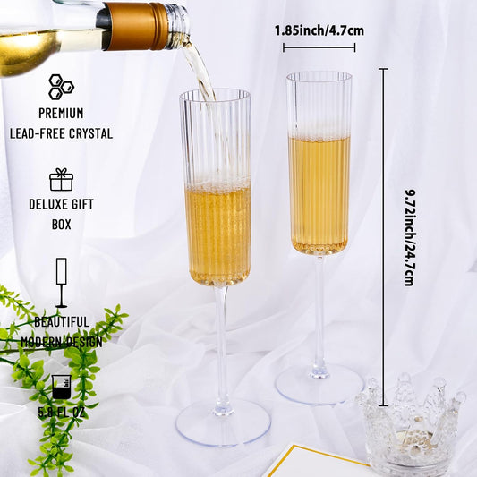 Ciaell 24 Pack Plastic Champagne Flutes - 6oz Ribbed Disposable Champagne Glasses - Clear Vintage Mimosa Glasses with Long Stem, Elegant & Lightweight for Weddings, Birthdays, Parties