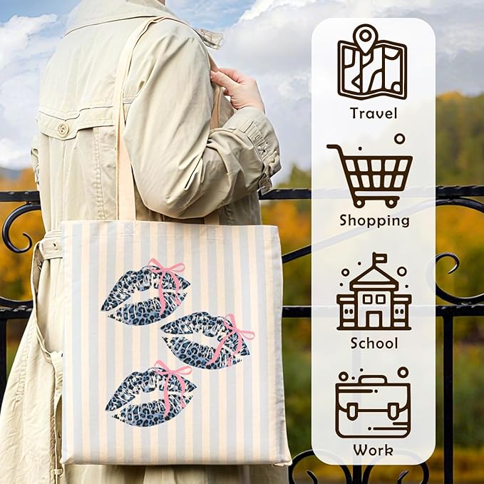 Coquette Bow Blue Leopard Lip Tote Bag for Women,Trendy Cheetah Print Canvas Tote Bag for Girls,Girly Leopard Lip Print Aesthetic Reusable Shopping Grocery Bags Party Favors