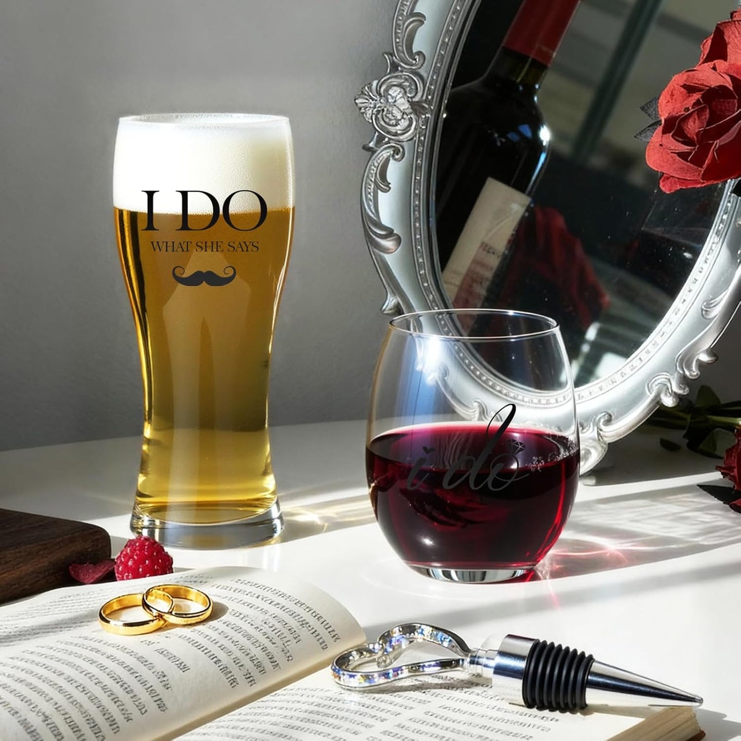 AW BRIDAL Engagement Gifts for Couples 2025, Mr Mrs Wine Glasses and Beer Mug Set, Newlywed Gift for the Couple, Bride and Groom Glasses for Wedding Bridal Shower, Bride to Be Gifts with Wine Stopper