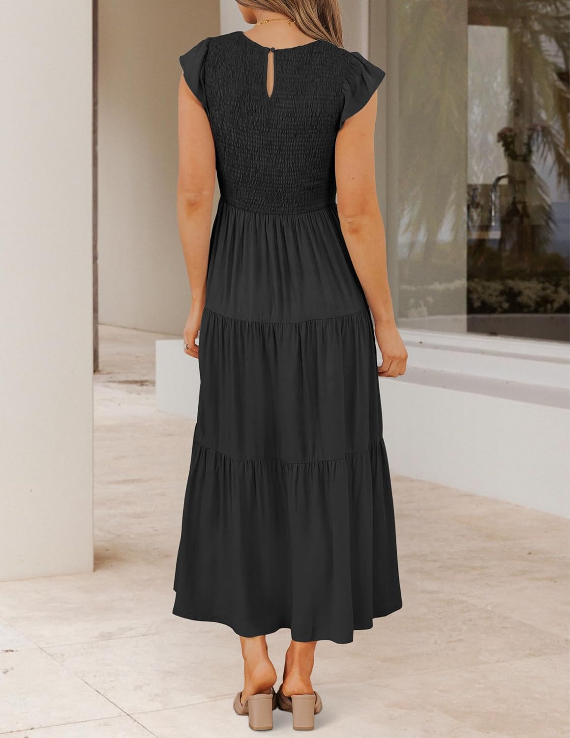 ZESICA Women's 2025 Summer Casual Flutter Short Sleeve Crew Neck Smocked Elastic Waist Tiered Midi Dress