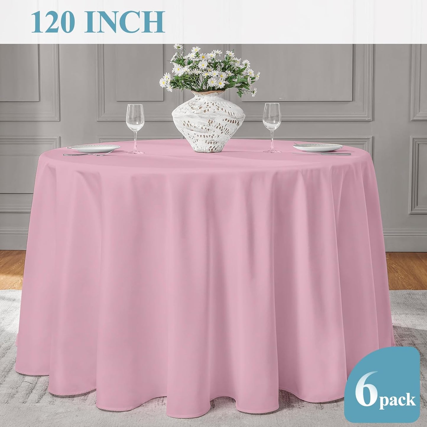 VidaFete Tablecloth 6 Pack 120inch Round Table Cloth Polyester, Stain Wrinkle Resistant Polyester Dining Table Cover for Kitchen Dinning Party Wedding Round Tabletop Buffet Decoration(Pink)