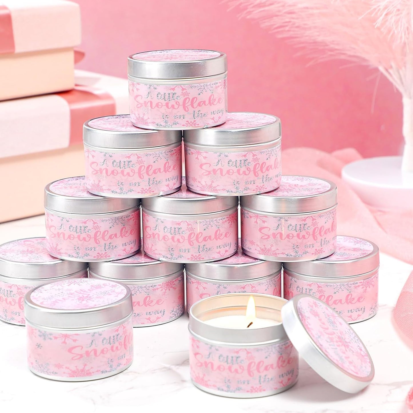 MTLEE 24 Pcs Snowflakes Baby Shower Party Favors Candles Lavender Scented Baby Shower Favors for Guests Rustic Tealights Candles Gender Reveal Return Gifts Girl Boy(1.2 Oz, Pink)