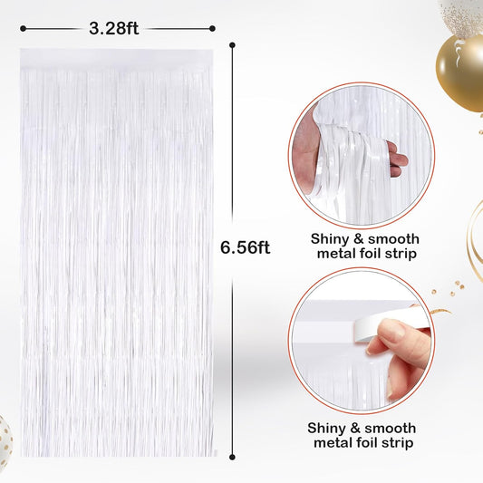 2 Pack White Metallic Tinsel Foil Fringe Curtains, Door Streamers Photo Booth Backdrop for Birthday Party, Tinsel Curtain Backdrop for Baby Shower Bachelorette Christmas Party Decorations