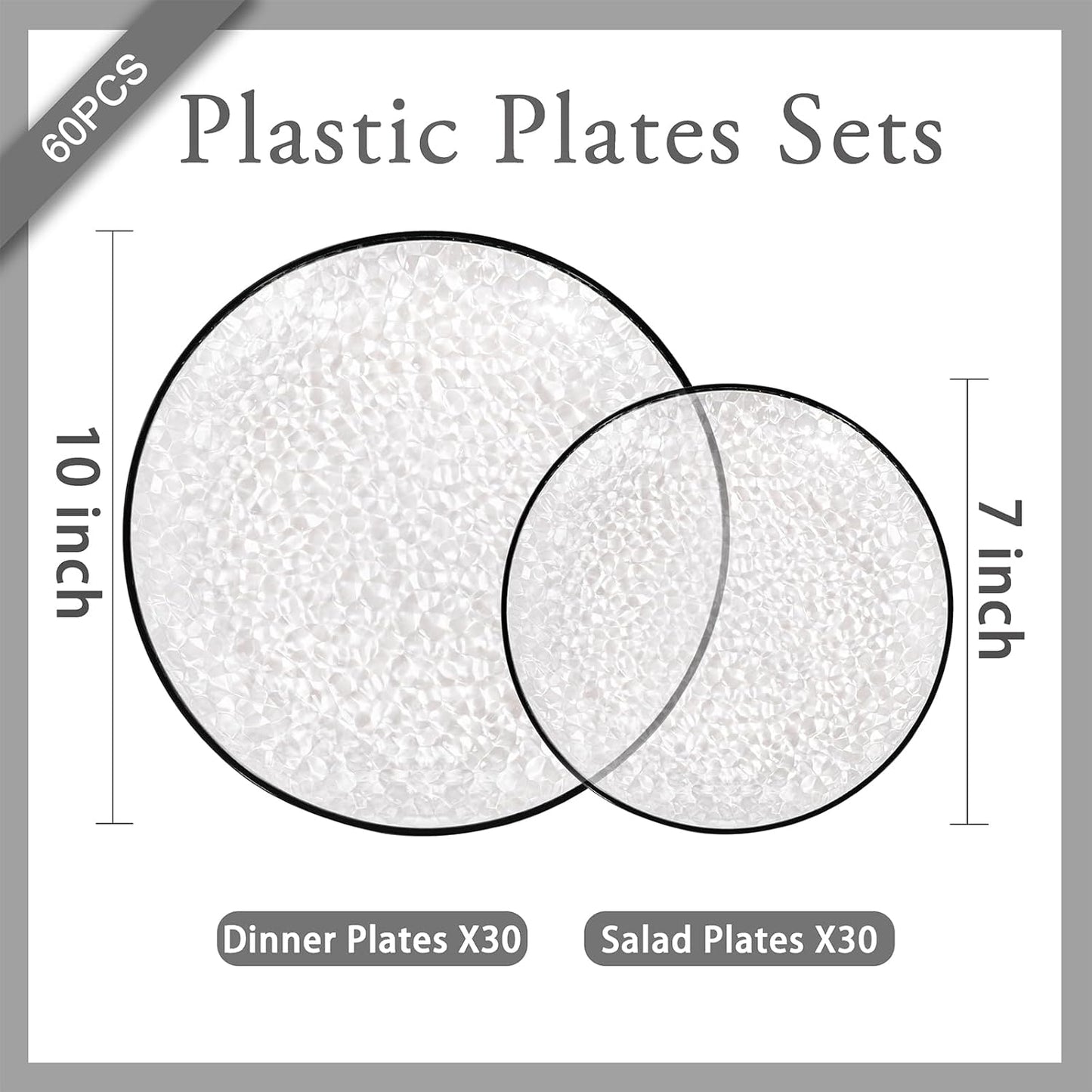 Rubtlamp 60Pcs Halloween Plastic Plates, Black Heavy Duty Plastic Plates, Clear Disposable Party Plates, Hammered Fancy Disposable Plates Include 30 Clear Dinner Plates, 30 Black Salad Plates