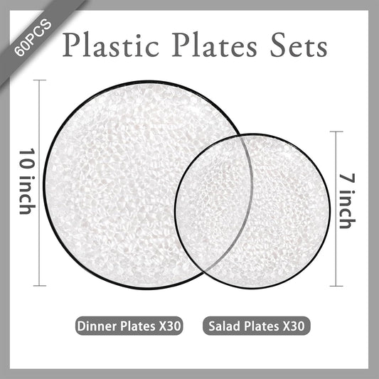 Rubtlamp 60Pcs Halloween Plastic Plates, Black Heavy Duty Plastic Plates, Clear Disposable Party Plates, Hammered Fancy Disposable Plates Include 30 Clear Dinner Plates, 30 Black Salad Plates