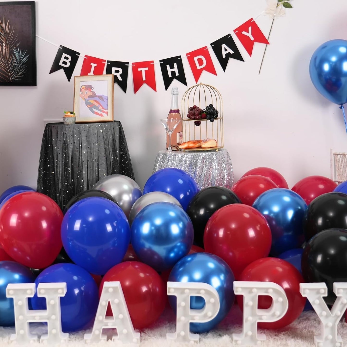 Paready Red Black Blue Balloons Set, 60Pcs Latex Balloons, 12Inch Metallic Blue Silver Balloon Red Black Latex Balloon Helium for Boys Baby Shower Birthday Party Decorations