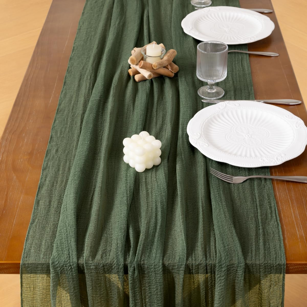 Socomi 6pcs Green Cheesecloth Table Runner Olive Fall Thanksgiving Gauze 120 Inch Rustic Boho Cheese Cloth Runner for Wedding Party Baby Bridal Shower Centerpiece Decoration Holiday Home Decorations