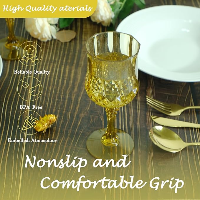Plastic Wine Glasses, Plastic Goblets Vintage Style Cordial Unbreakable Drinking Glasses, Reusable Drinkware for Wedding Reception, Grand Event Party Supplies, Easter (48, Gold)