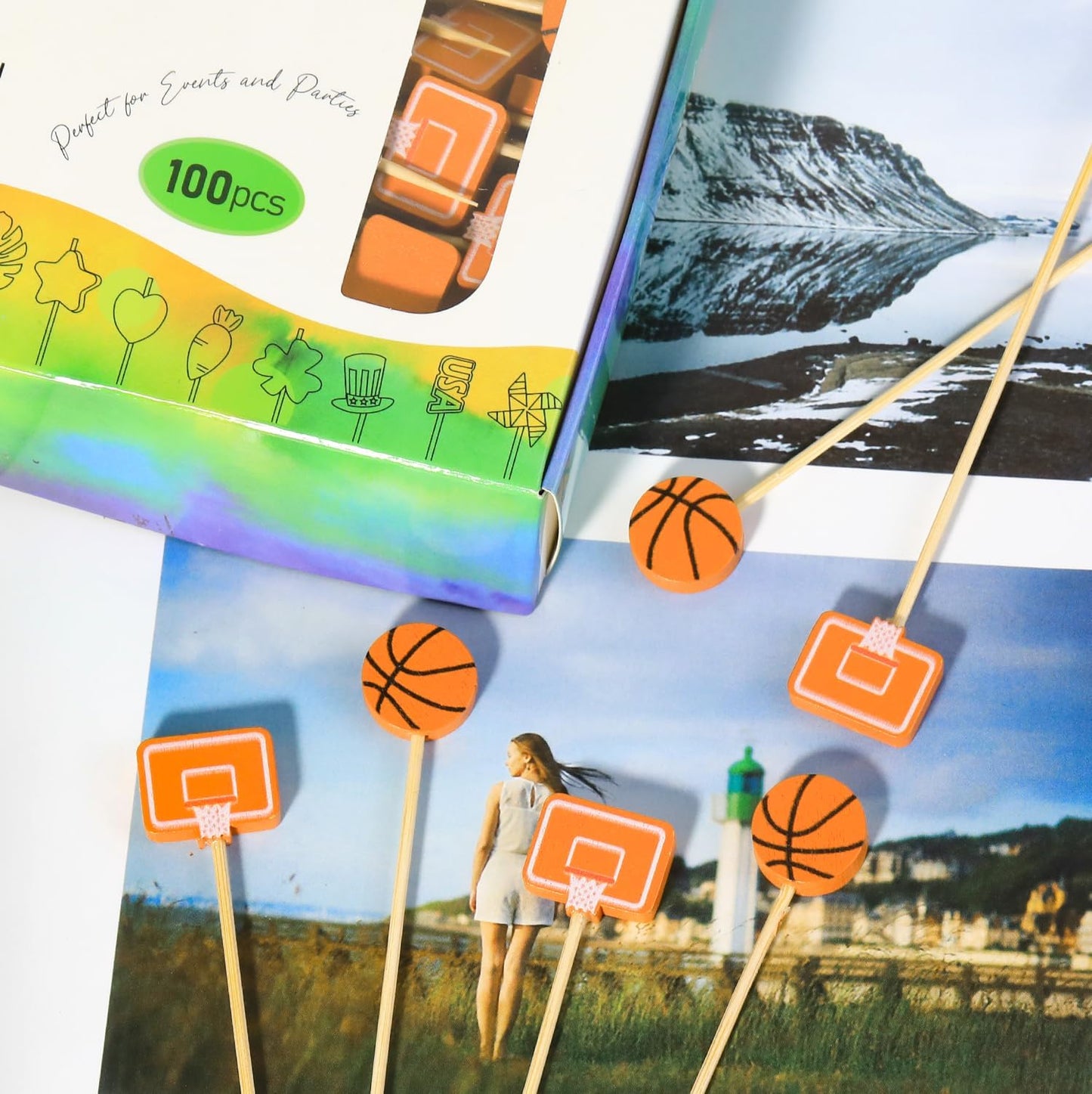 Basketball Cocktail Picks 5” Basketballs Topper Decorative Tip Decoration Toothpicks Skewers Sticks for Appetizers Sandwich Food, Senior Night March Madness Decorations Birthday Themed Party Supplies