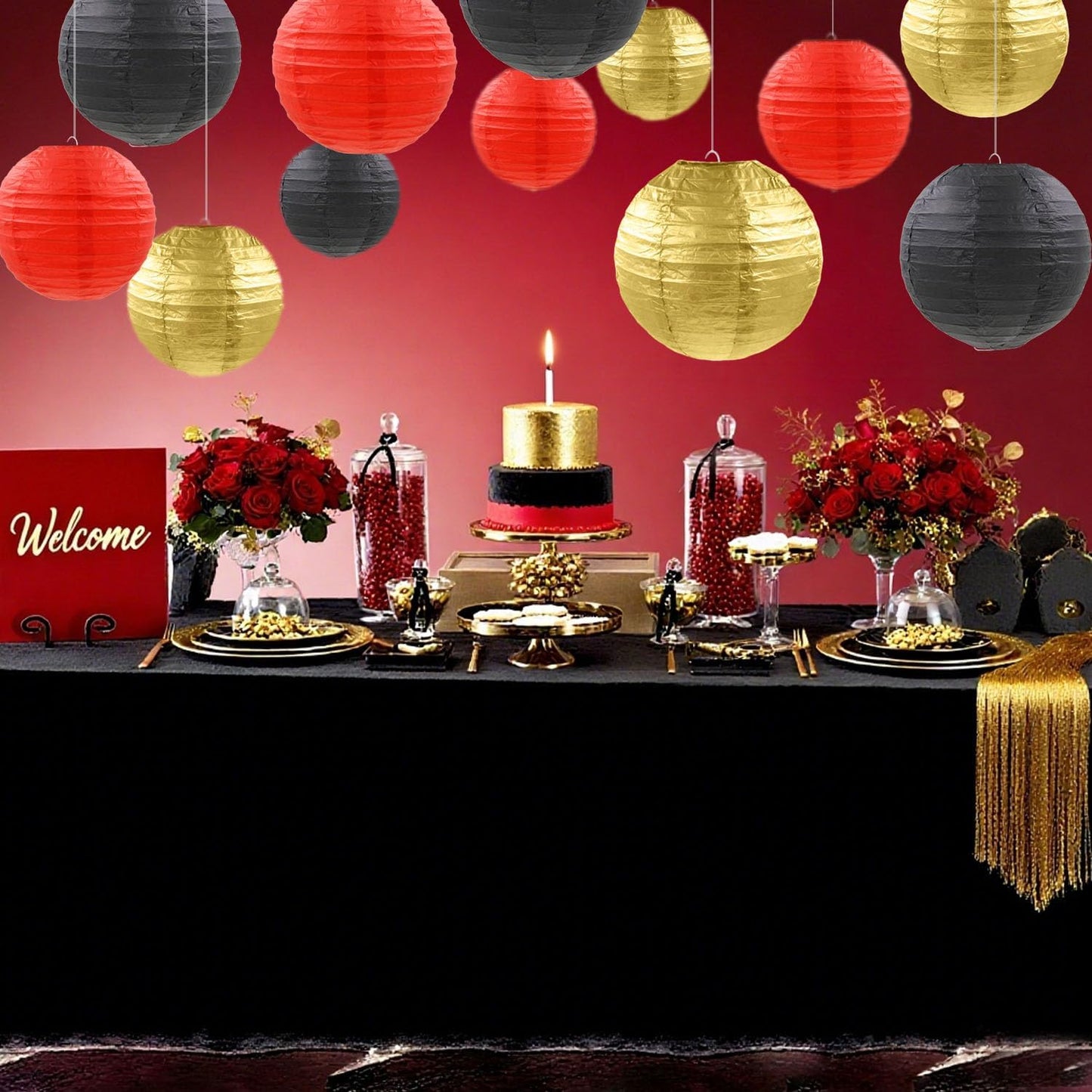12 Pcs Red Black Gold Paper Lanterns Round Hanging Paper Lanterns for Birthday Wedding Graduation New Year Bachelorette Party Decoration