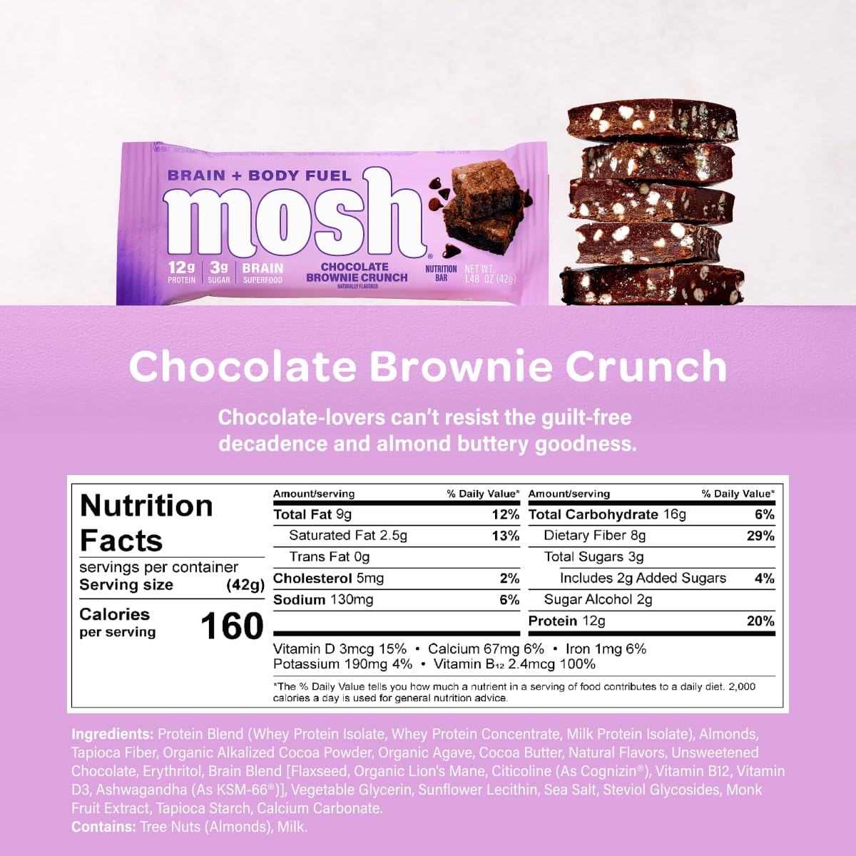 MOSH Variety Pack Keto Protein Bars, High Fiber, Low Carb, Gluten Free, High Protein, Brain Healthy Snack with Ashwagandha, Lion's Mane, 15 Count