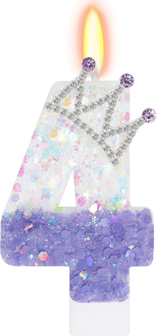 Purple White Number 4 Candle, Glitter Crown Cake Topper, Princess Birthday Party Decorations for Girls and Women Anniversary Celebrations Party Favors