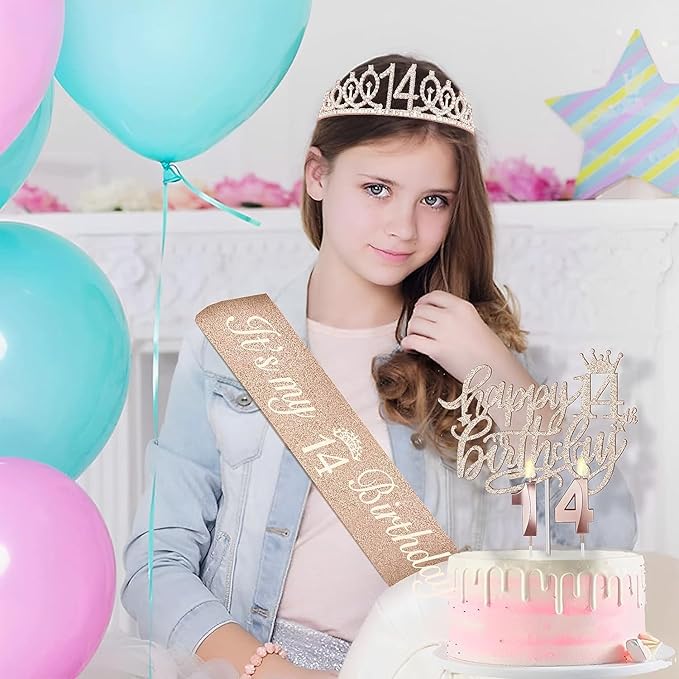 14th Birthday Decorations for Girls with 14th Birthday Sash and Tiara, Cake Topper and Candles, Number Balloons, Greeting Card, 14 Year Old Gifts for Girls